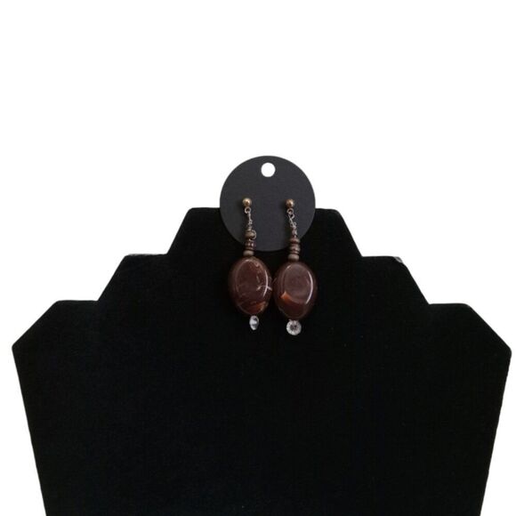 Hand Crafted Dark Marbled Brown Oval Shaped Post Back Drop Style Boho Earrings - Picture 1 of 7